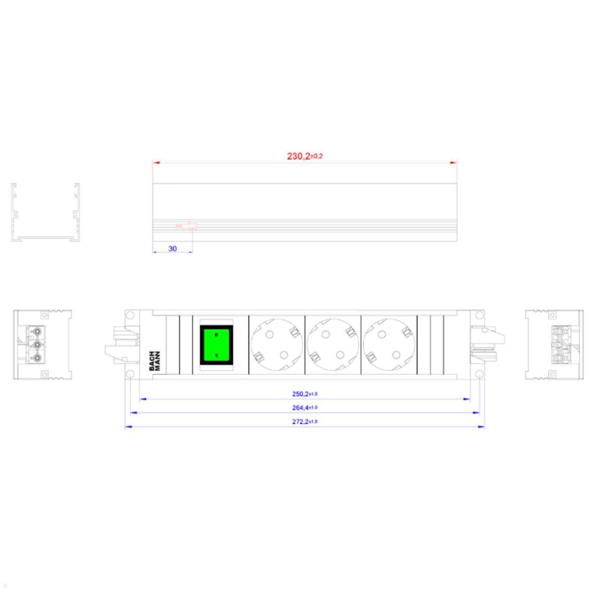 Bachmann STEP ALU 3-fach Steckdosenleiste mit Schalter (906.18803), Skizze