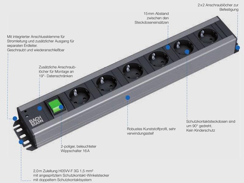 Bachmann Handwerkerleiste 6x Steckdose, 19-Zoll-Rack kompatibel (300.000) optionale Funktionen