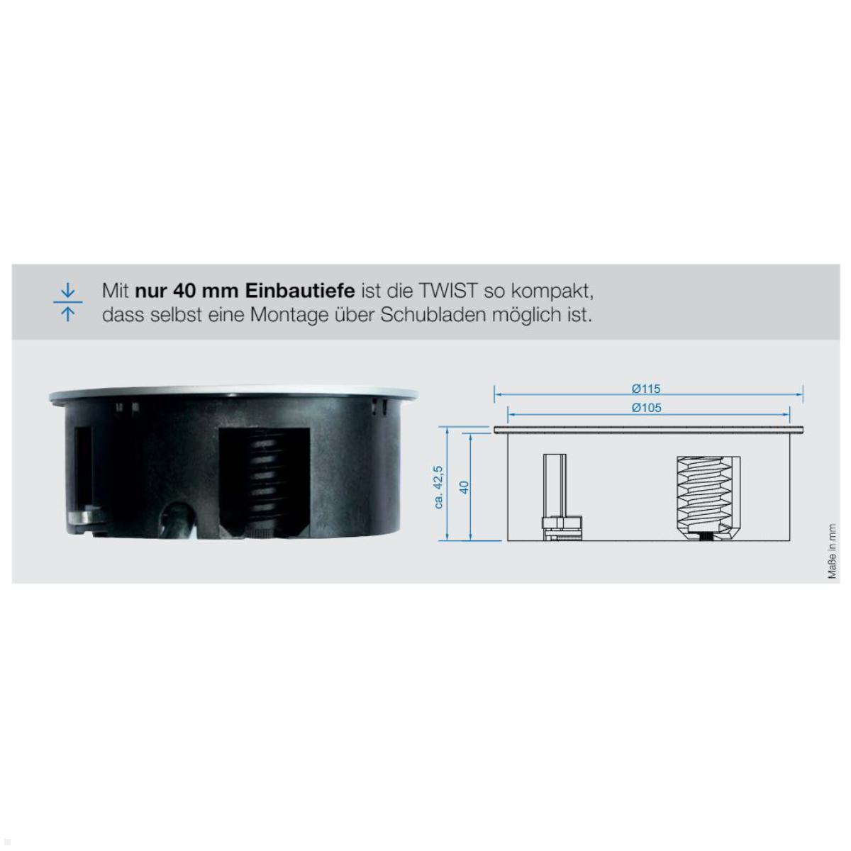 Bachmann TWIST 2 1x FR Steckdose UTE 1x USB-Charger A/C, rund (946.206) weiß, Zeichnung Maße