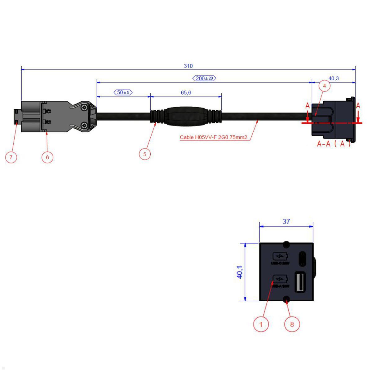 Bachmann CM USB-Charger mit USB-A und USB-C, weiß (917.2271), Zeichnung Maße