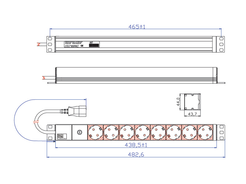 Bachmann 19Zoll Steckdosenleiste 8-fach Feinsicherung 1HE 333.410 Maße