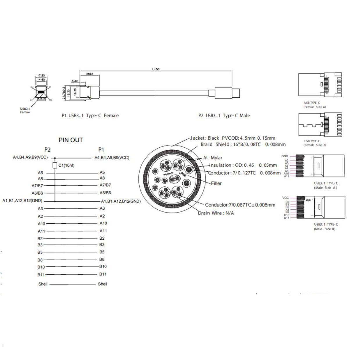 Bachmann Keystone USB-C 3.1 Modul PD 60W Buchse/Stecker (917.1212), technische Zeichnung