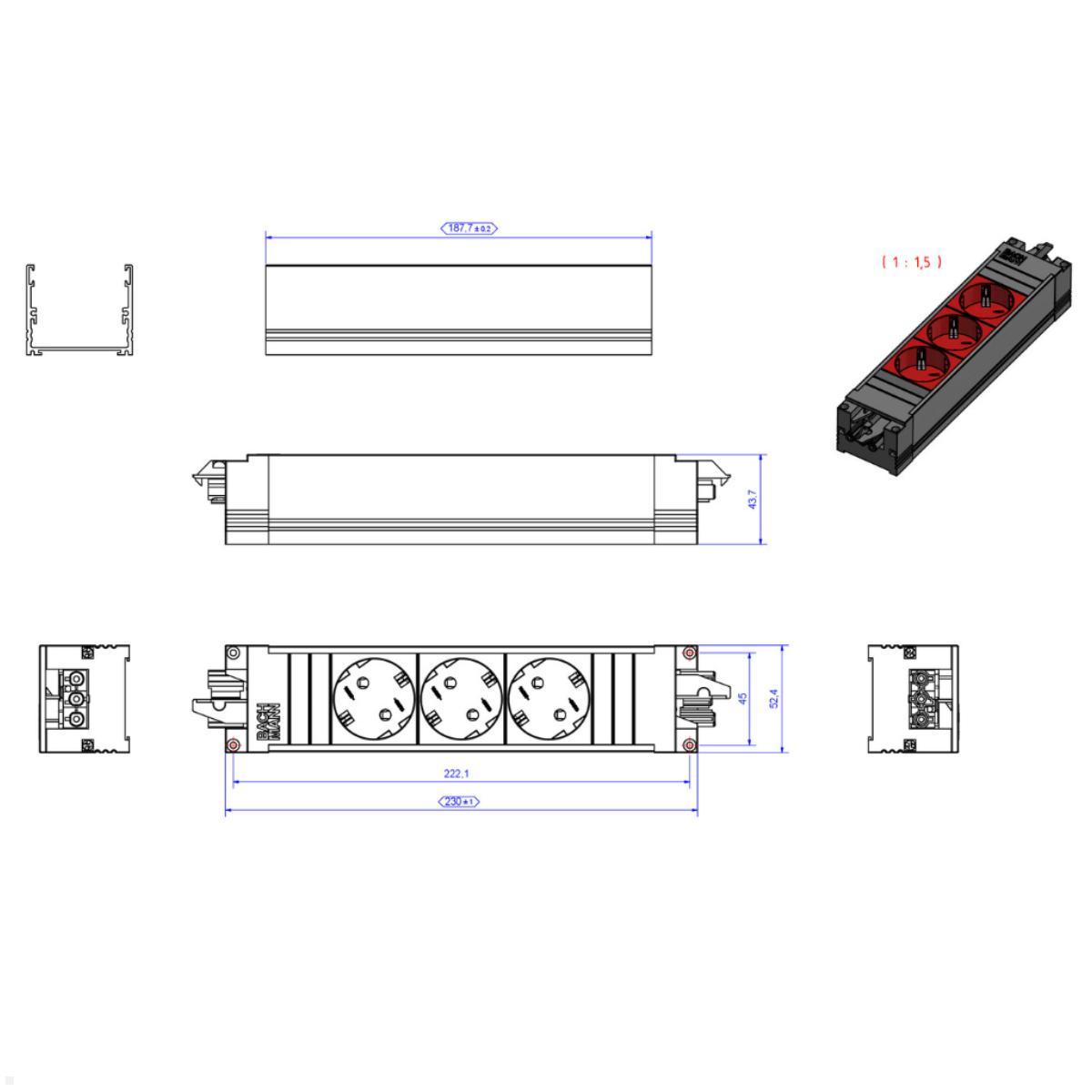 Bachmann STEP BASE 3-fach Steckdosenleiste mit GST18, rot (906.18816), Skizze