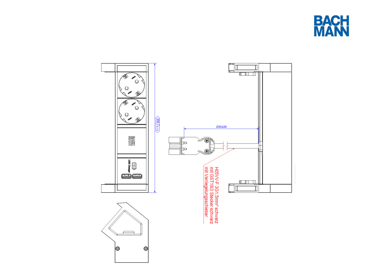 Bachmann DESK 2 - 2x Steckdose, 1x USB Charger (937.8001), schwarz/silber technische Zeichnung