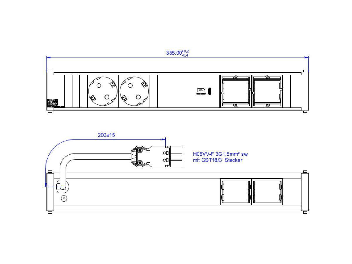 Bachmann CONI Modulträger 5fach, 2x Steckdose 1 USB-C Charger 2x CM (912.169), Technische Zeichnung