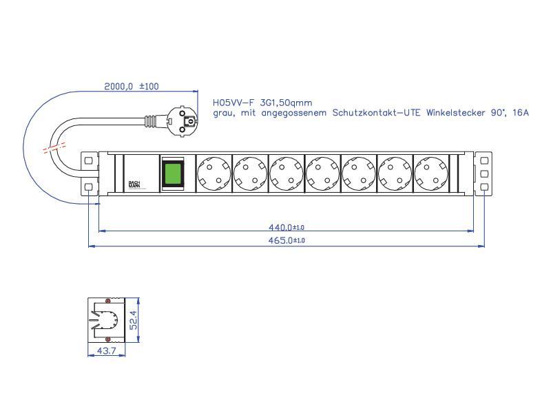 Bachmann IT PDU 19Zoll Steckdosenleiste 7x Steckdose 1x Schalter (333.600) Maße