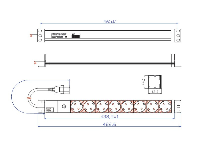Bachmann 19 Zoll Steckdosenleiste 8x Schuko Feinsicherung 1HE (333.538) Maße