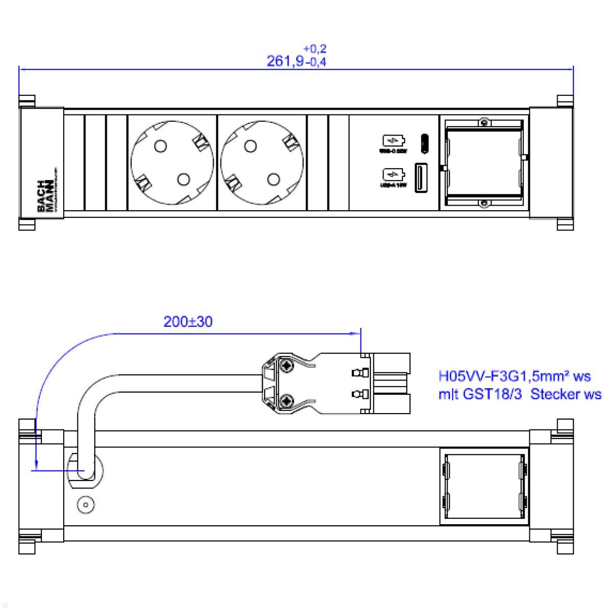 Bachmann Power Frame 4-fach 2x Steckdose 1x USB A/C 1x CM, weiß (916.702), technische Zeichnung