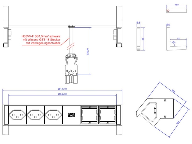 Bachmann DESK 2 3x Steckdose CH, 2x Custom Modul, inox (902.409) Maße