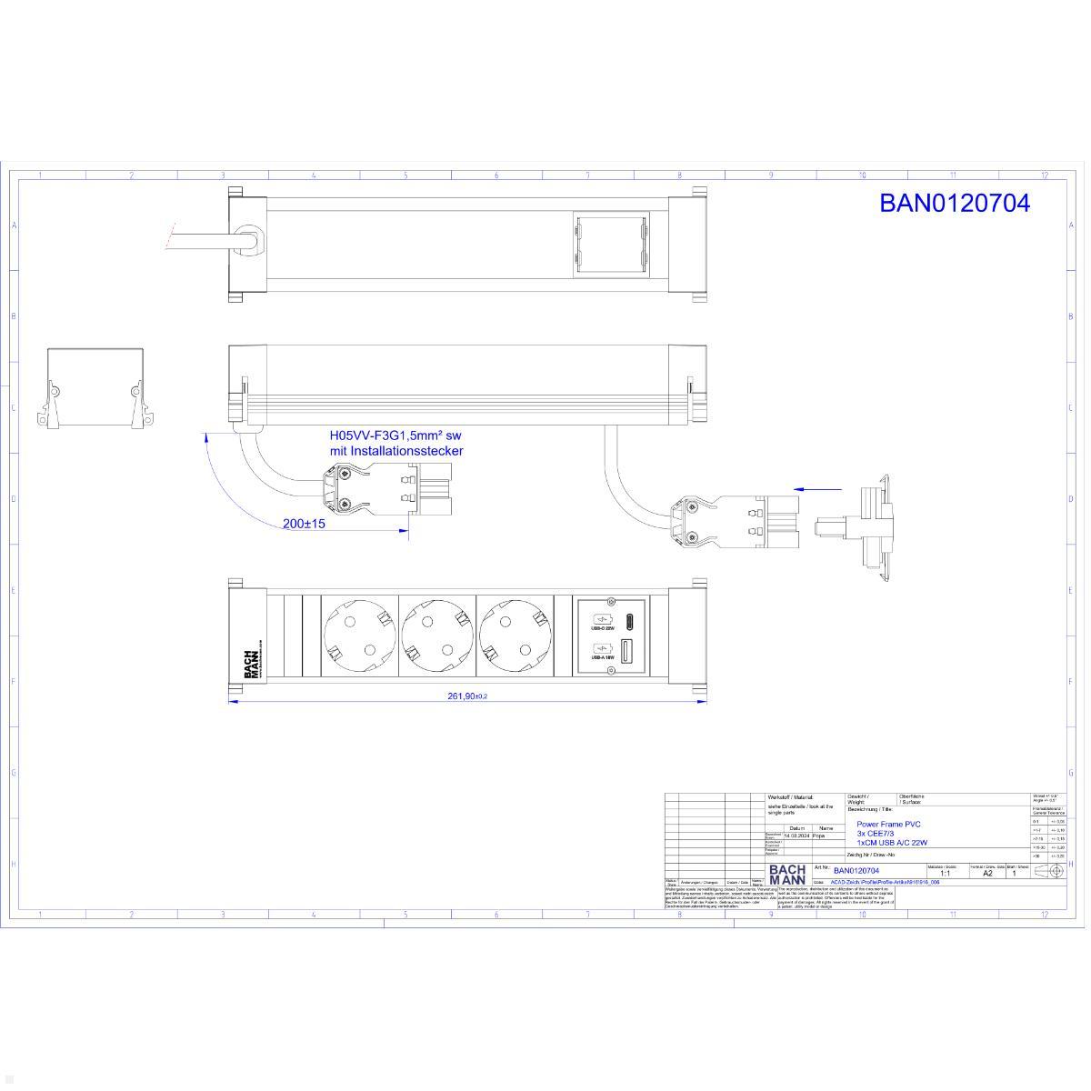 Bachmann Power Frame 4-fach 3x Steckdose 1x USB-Charger A/C, Technische Zeichnung