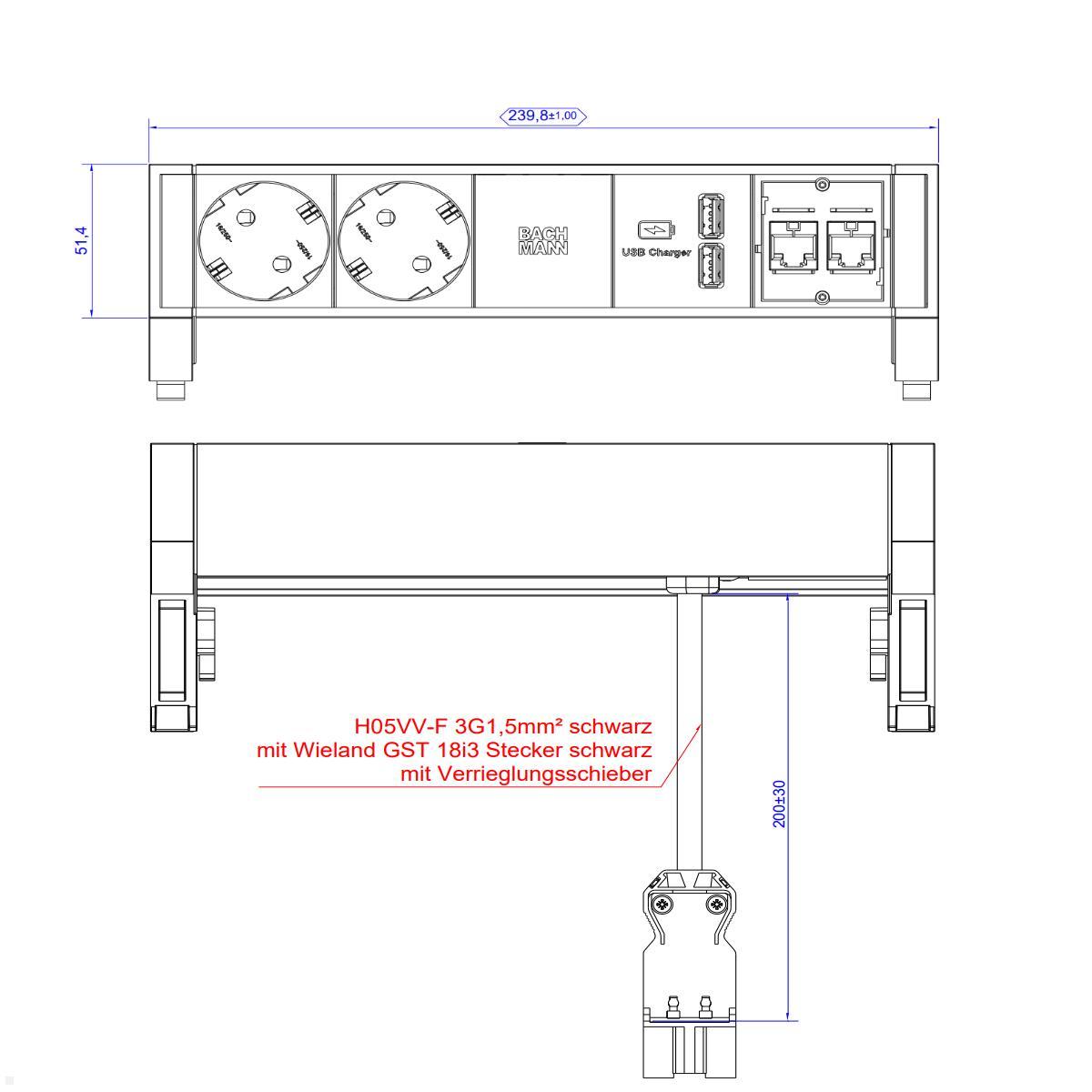 Bachmann DESK 2 2x Steckdose 2x USB Charger 2x CAT6a (902.358), Maße