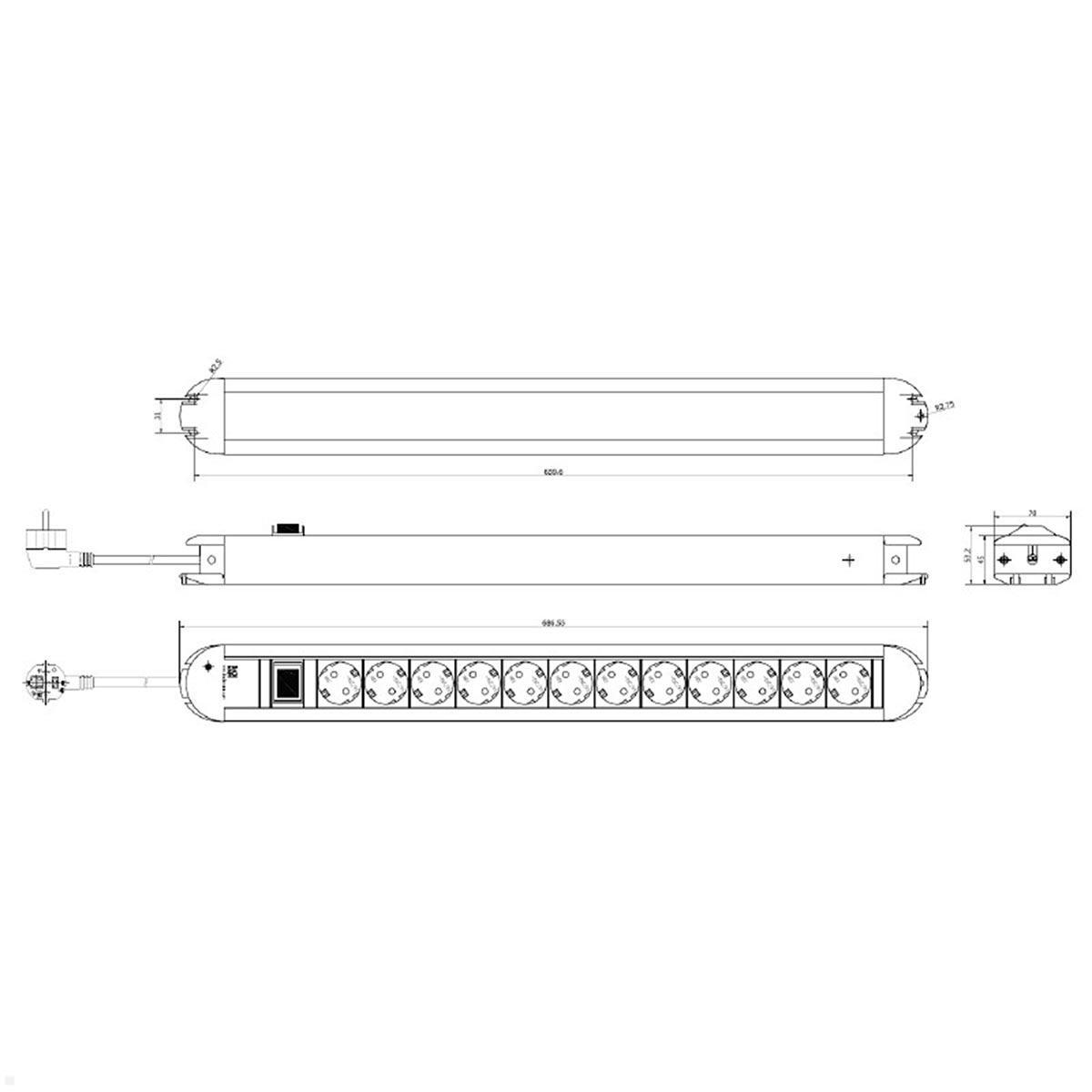 Bachmann PRIMO 12-fach Steckdosenleiste mit Schalter 2m Zuleitung (330.073) technische Zeichnung